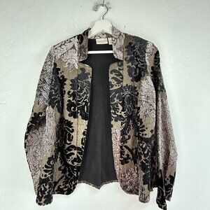 Chicos Women’s Open Front Jacket Size 1 Velvet Burnout Black Beige Floral Casual
